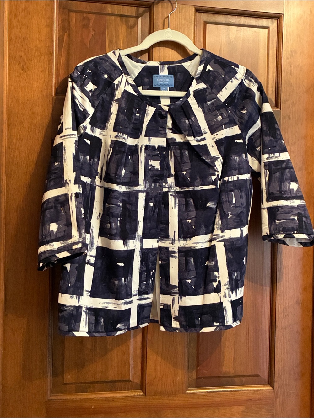 Simply Vera Vera Wang Navy and White Brushstroke Plaid Jacket
